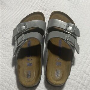 Birkenstock silver double Strap Sandals.  Worn once inside the house.